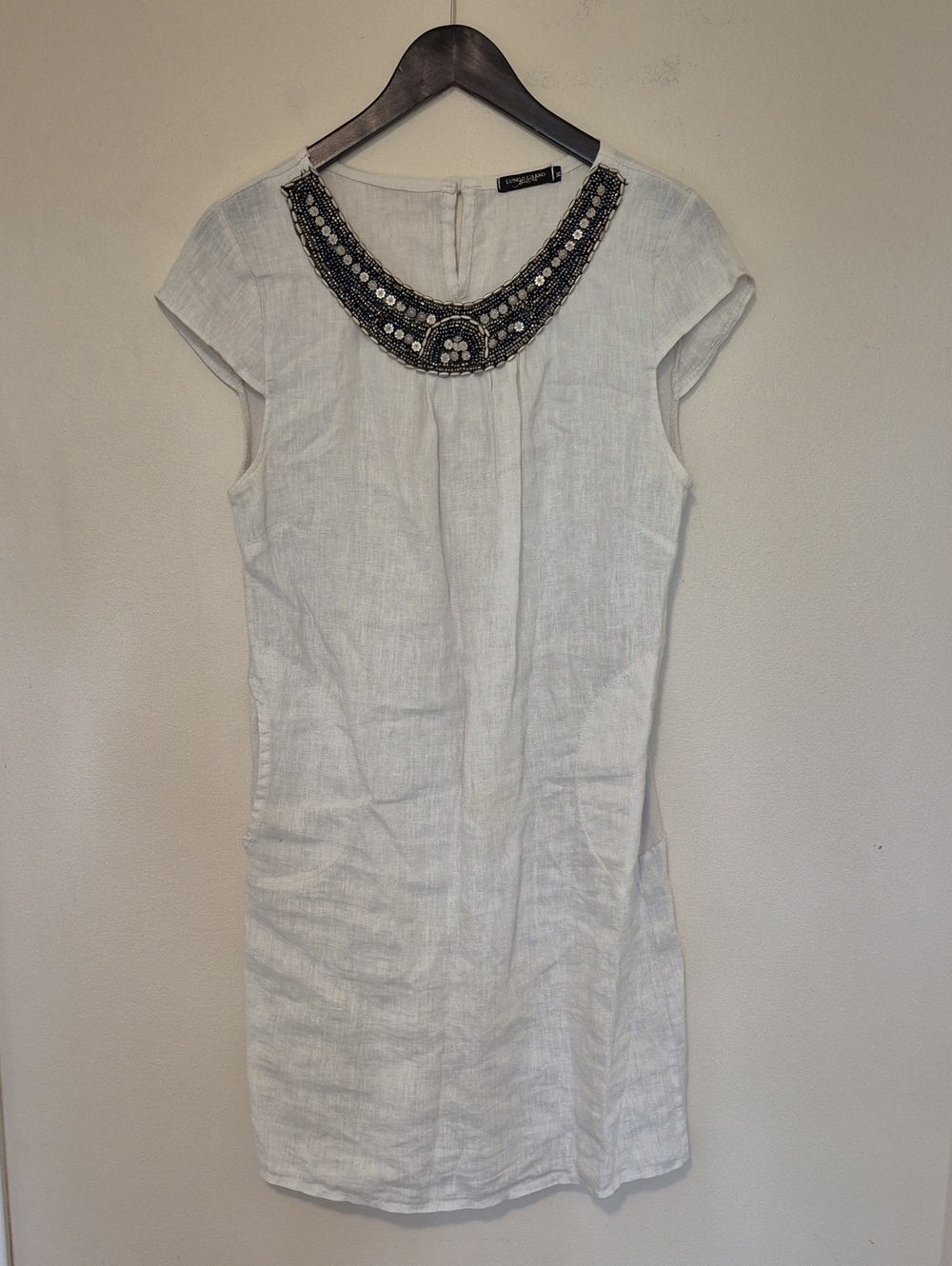 Lungo L'arno Boho Festival Lagenlook Beaded-Neck White Linen Shift Dress
